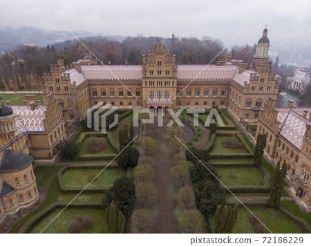 Chernivtsi University Aerial Shot at at Later Autumn in Moody Misty Weather Chernivtsi University Aerial Shot at at Later Autumn in Moody Misty Weather 72186229