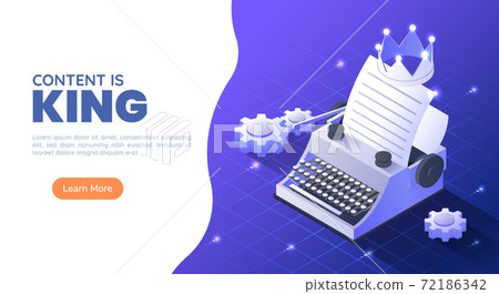 Isometric Web Banner Typewriter with A Crown and Paper Sheet on Blue Gradient Background 72186342