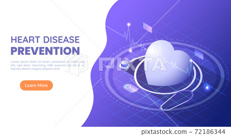 Isometric Web Banner Heart with Stethoscope and ECG Heartbeat 72186344