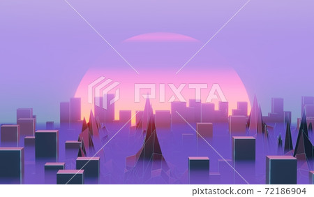 Futuristic evening city with skyscrapers in haze and setting sun, big city smog, 3d illustration 72186904