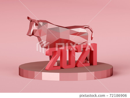 Souvenir of a low poly Red Metallic Bull on a stand with the number 2021, a symbol of the new year, 3d render 72186906