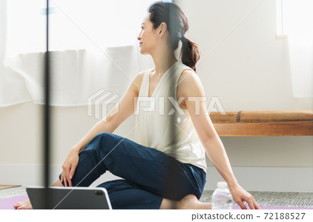 在家舒展的中部婦女 在家舒展的中部婦女 72188527