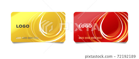 Set of bank credit cards with abstract illustration of stripes forming drop, in red and yellow colours 72192189