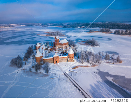 Trakai castle at winter, aerial view of the castle Trakai castle at winter, aerial view of the castle 72192228