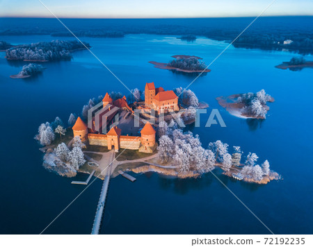 Trakai castle at winter, aerial view of the castle Trakai castle at winter, aerial view of the castle 72192235