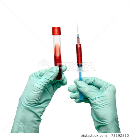 hand in latex glove holding blood sample in test tube and syringe close up isolated on white background hand in latex glove holding blood sample in test tube and syringe close up isolated on white background 72192810