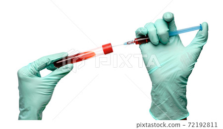 hand in latex glove holding blood sample in test tube and syringe close up isolated on white background hand in latex glove holding blood sample in test tube and syringe close up isolated on white background 72192811