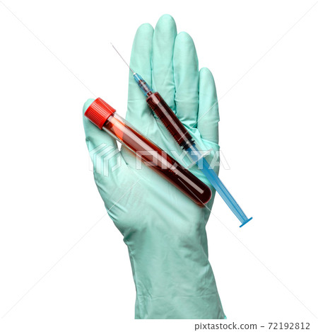hand in latex glove holding blood sample in test tube and syringe close up isolated on white background hand in latex glove holding blood sample in test tube and syringe close up isolated on white background 72192812