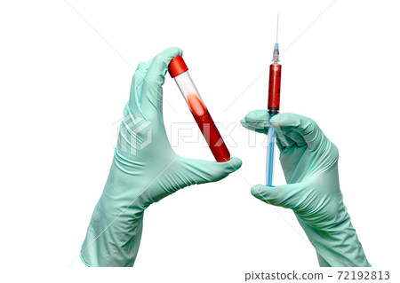 hand in latex glove holding blood sample in test tube and syringe close up isolated on white background hand in latex glove holding blood sample in test tube and syringe close up isolated on white background 72192813