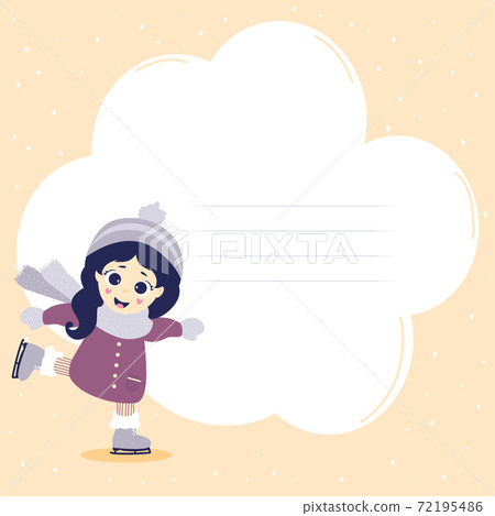 Winter sport postcard and A cute girl is skating. Pink background with snow and place of clouds for writing text. Vector illustration 72195486