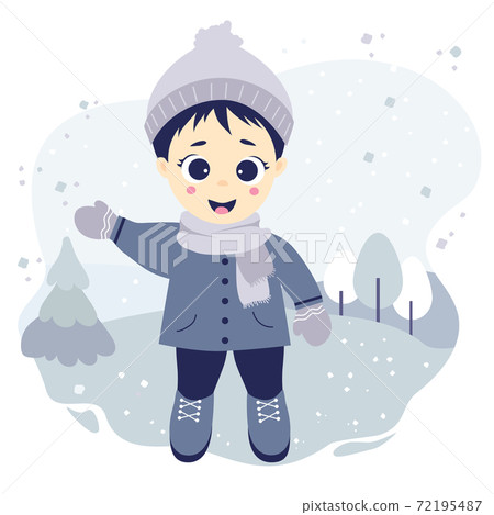 A cute boy stands and waves his hand on a background with a winter landscape, trees and snow. Vector illustration. Childrens collection For design, postcards, posters and print, design and decor A cute boy stands and waves his hand on a background with a winter landscape, trees and snow. Vector illustration. Childrens collection For design, postcards, posters and print, design and decor 72195487