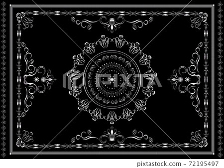 Silver frame from patterns with twisted calligraphy stripes and crowns on black background Silver frame from patterns with twisted calligraphy stripes and crowns on black background 72195497