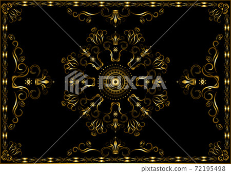 Gold frame from patterns with twisted calligraphy stripes and crowns on black background Gold frame from patterns with twisted calligraphy stripes and crowns on black background 72195498