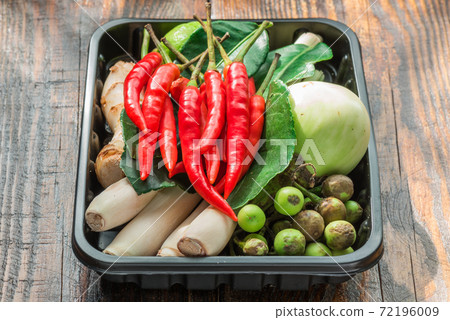 Ingredients set for Thai cooking in pallet on wooden table 72196009