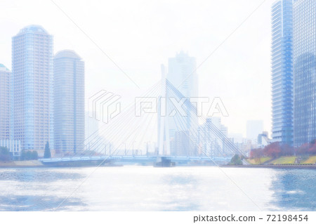 Scenery of a waterside town full of light: Chuo Bridge over the Sumida River and skyscrapers in a watercolor style Scenery of a waterside town full of light: Chuo Bridge over the Sumida River and skyscrapers in a watercolor style 72198454