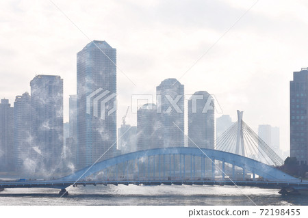 Scenery of the waterside town Eitai Bridge over the Sumida River, Chuo Bridge and buildings in a watercolor style Scenery of the waterside town Eitai Bridge over the Sumida River, Chuo Bridge and buildings in a watercolor style 72198455