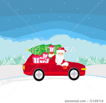 Abstract card with Santa Claus driving car and gives out gifts 72199714
