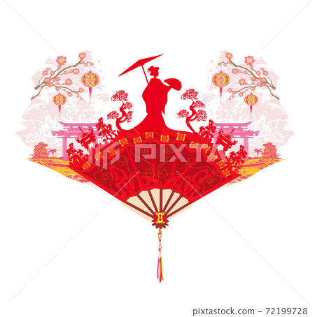 Abstract decorative fan with Asian girl 72199728