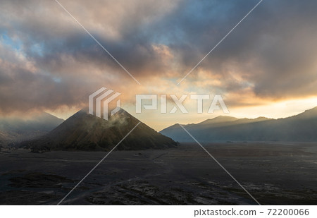 Beautiful Panoramic sunset view of Bromo active volcano in Bromo Tengger Semeru National Park,  East Java, Indonesia 72200066
