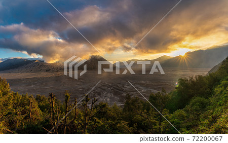 Beautiful Panoramic sunset view of Bromo active volcano in Bromo Tengger Semeru National Park,  East Java, Indonesia 72200067