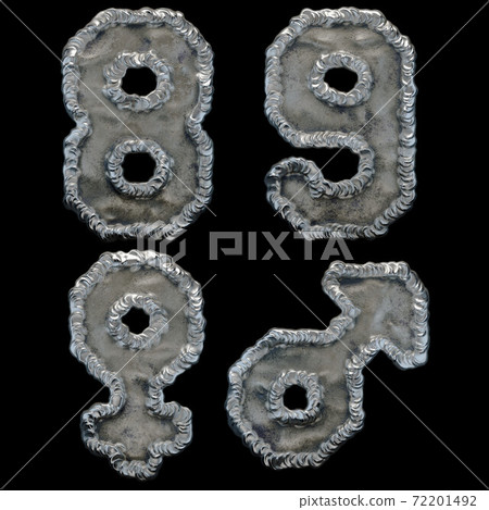 Set of numbers 8, 9 and symbols female, male made of industrial metal on black background 3d 72201492