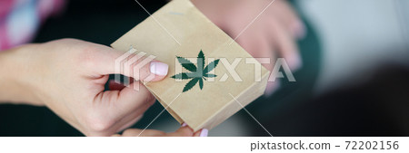 Female hand holds paper bag with an image of marijuana symbol closeup. 72202156