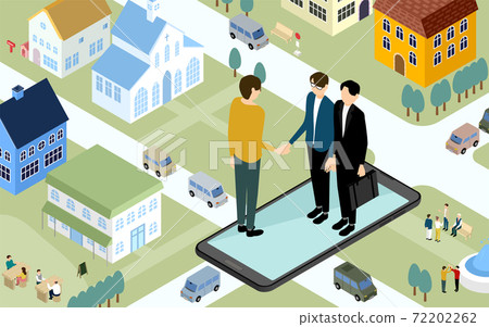 Image illustration of a person considering a real estate contract online, isometric Image illustration of a person considering a real estate contract online, isometric 72202262