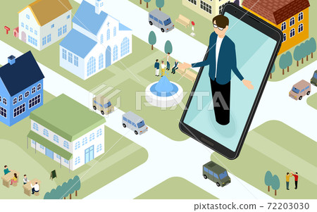 Image illustration of a person considering a real estate contract online, isometric Image illustration of a person considering a real estate contract online, isometric 72203030