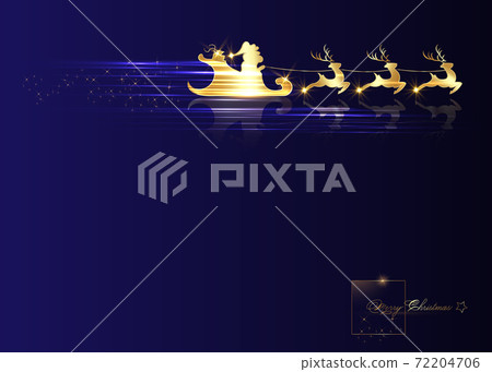 Santa Claus riding on sleigh with reindeer. Gold luxury logo, Christmas, xmas, new year concept. Cartoon vector illustration isolated on dark blue sky background 72204706
