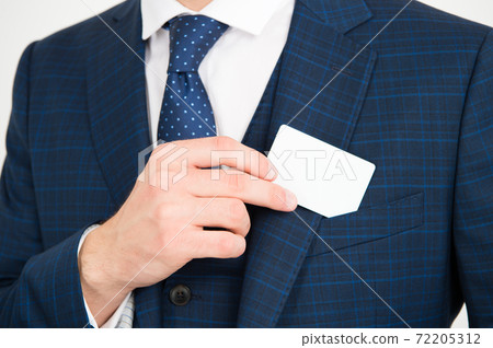 Showing his visiting card. Male hand take card out of suit  72205312