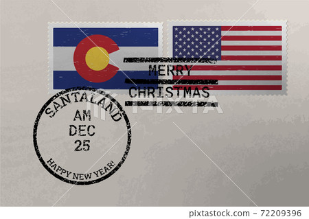 Postage stamp envelope with Colorado and US flag, Christmas and New Year stamps, vector 72209396