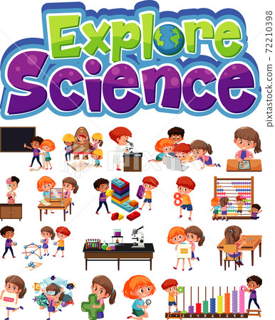 Explore science logo and set of children with - Stock Illustration ...