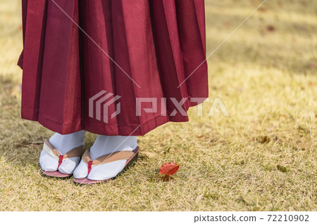 [Tokyo] A close-up of a woman's feet wearing a deep red hakama and clogs on the autumn lawn. 72210902