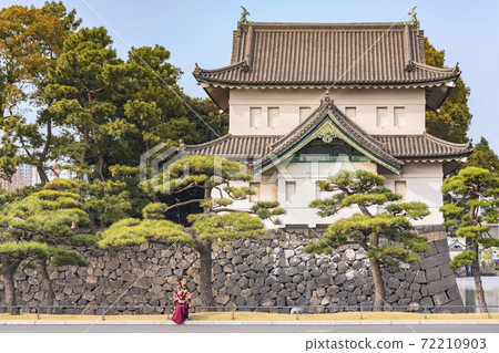 [Hibiya, Tokyo] A woman wearing a high-collar hakama with a floral pattern standing in front of the Edo Castle Sakurada Tatsumi turret of the Tokyo Imperial Household Agency. 72210903