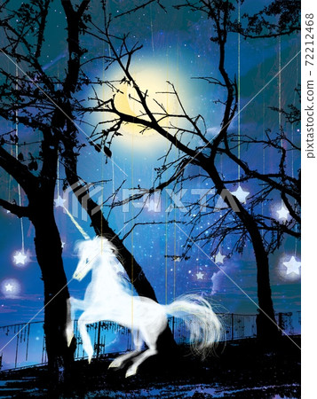 A fantasy background illustration of a yellow shining full moon, a starry sky, an old tree with suspicious dead branches, and a pure white unicorn 72212468