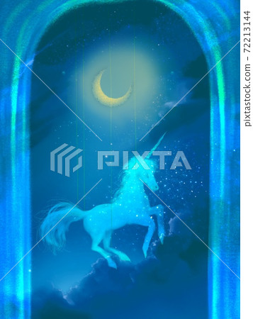 Fantasy background illustration of a unicorn and the moon looking beyond a beautiful western gate Fantasy background illustration of a unicorn and the moon looking beyond a beautiful western gate 72213144