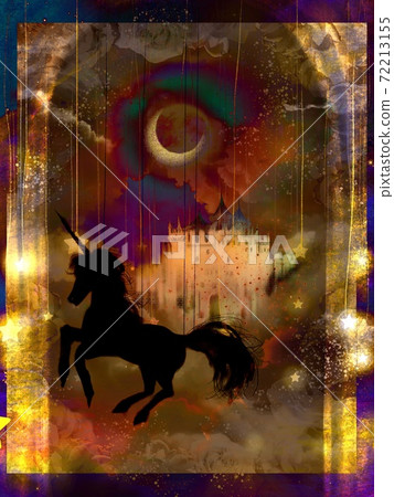 在美麗的西門上的月亮，城堡和獨角獸的插圖 72213155