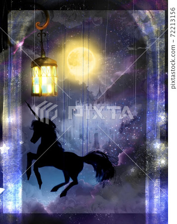Illustration of the moon, castle and unicorn over the beautiful western gate 72213156