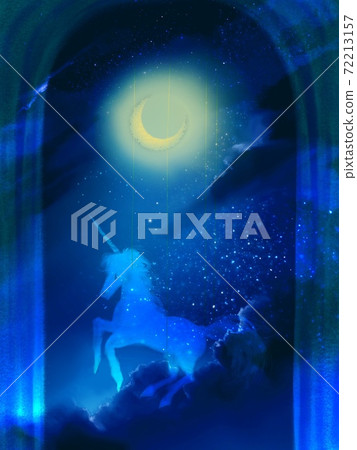 在美麗的西門上的月亮，城堡和獨角獸的插圖 72213157