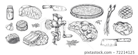 Butchery products sketch. Realistic hand drawn meat steak. Household cooking tools. Cutting board or knifes and grinder. Aromatic herbs and spices. Vector pencil detailed illustration 72214125
