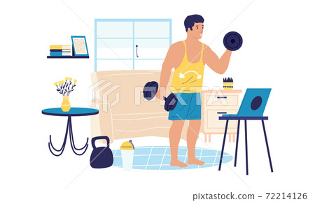 Home workout. Young man doing sport exercises with dumbbells and kettlebell. Online fitness or powerlifting training. Trainer or instructor video blog. Vector bodybuilding illustration 72214126