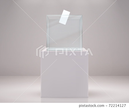 Realistic vote box. Election paper ballot, 3D transparent container on white podium. Plastic poll cube with hole and place for logo. Vector confidential choose political candidates Realistic vote box. Election paper ballot, 3D transparent container on white podium. Plastic poll cube with hole and place for logo. Vector confidential choose political candidates 72214127