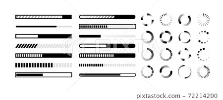 Status bar. Circle and line indicators for upload. Black reboot and loading charts. Infographics of download processes. Collection of buffering and data transfer graphs, vector set Status bar. Circle and line indicators for upload. Black reboot and loading charts. Infographics of download processes. Collection of buffering and data transfer graphs, vector set 72214200