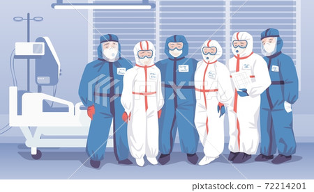Doctors in hospital. Medical workers wearing uniform, people in overalls and goggles. Clothing for clinic staff working with infectious patients. Protection suits, vector illustration Doctors in hospital. Medical workers wearing uniform, people in overalls and goggles. Clothing for clinic staff working with infectious patients. Protection suits, vector illustration 72214201