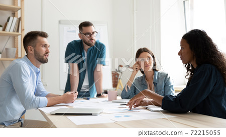 Panoramic view of multiracial employees brainstorm at meeting Panoramic view of multiracial employees brainstorm at meeting 72215055