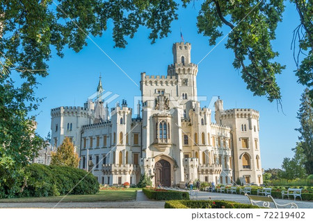 Beautiful renaissance castle Hluboka in the Czech Republic is located in south bohemia. Summer weather with blue sky and rose gardens. UNESCO heritage. 72219402