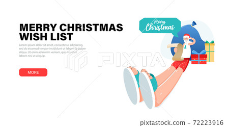 Happy Santa Claus relaxing at home christmas eve leaning on a bag of gifts and looking through the wishlist for gifts or reads a letter. Banner with gift box, bag of gifts and Santa. Happy Santa Claus relaxing at home christmas eve leaning on a bag of gifts and looking through the wishlist for gifts or reads a letter. Banner with gift box, bag of gifts and Santa. 72223916