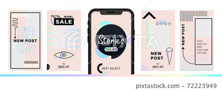 Set of abstract trendy design for stories with dispersion effect.  Editable template for social networks stories. For create trendy stories, sales, poster, new posts in memphis and hipster style. 72223949