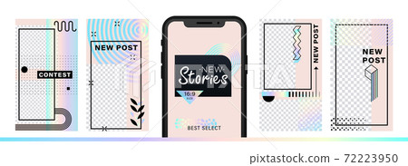 Set of abstract trendy design for stories with dispersion effect.  Editable template for social networks stories. For create trendy stories, sales, poster, new posts in memphis and hipster style. 72223950