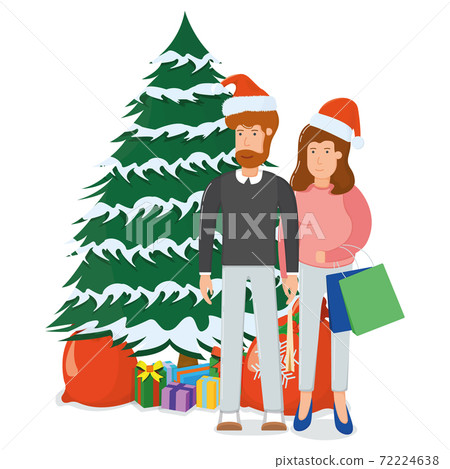 Lovely couple man woman character standing xmas fir tree with gift box, merry christmas souvenir bag cartoon vector illustration, isolated on white. Lovely couple man woman character standing xmas fir tree with gift box, merry christmas souvenir bag cartoon vector illustration, isolated on white. 72224638